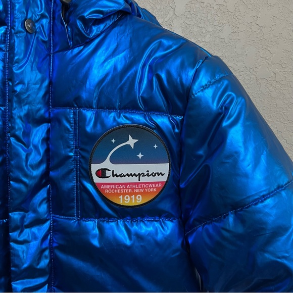 Champion X NASA men sz XS Metallic Puffer Jacket Blue Quilted - Picture 3 of 16